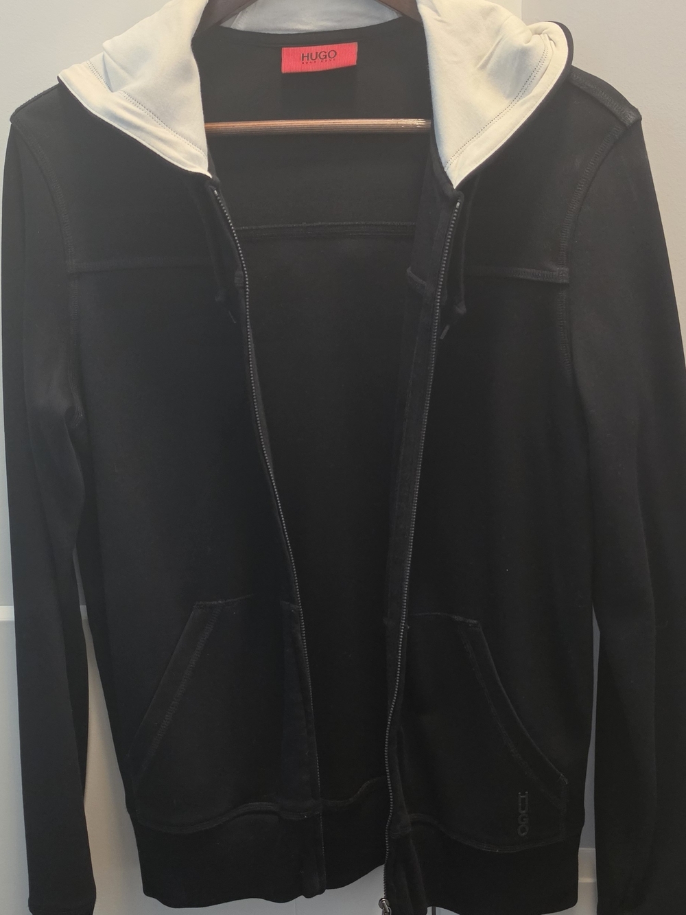 HUGO Black Zip Hoodie with White Hood Lining